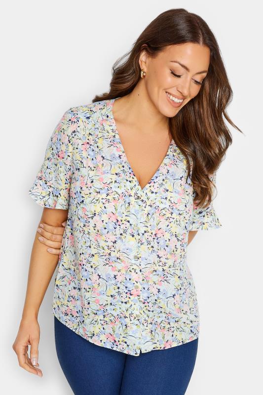 M&Co Blue Floral Print Frill Sleeve Blouse | M&Co 1