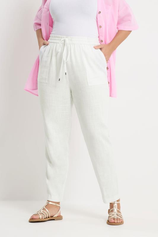 YOURS Curve White Linen Tie Front Tapered Joggers