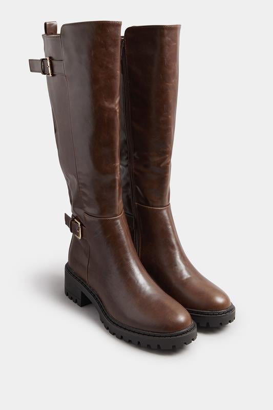  Yours Brown Faux Leather Buckle Detail Knee High Boots In Standard Fit