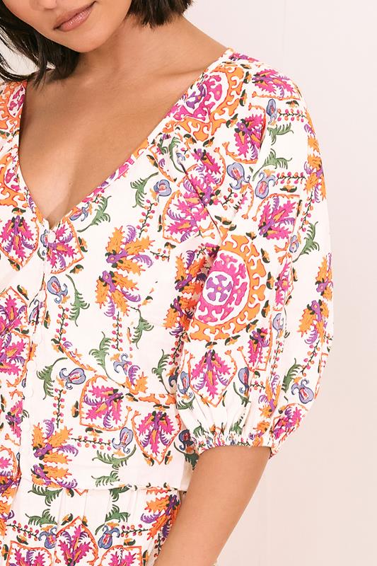 PixieGirl Petite Women's White Abstract Tile Cotton Puff Sleeve Top | PixieGirl 6
