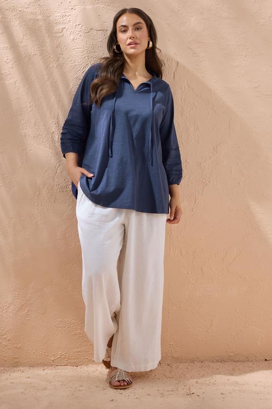 EVANS Plus Size Navy Blue Tie Neck Cotton Top | Evans 1