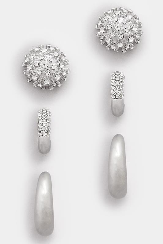 YOURSET 3 PACK Silver Tone Mixed Stud & Hoop Earring Set | Yours Clothing 1