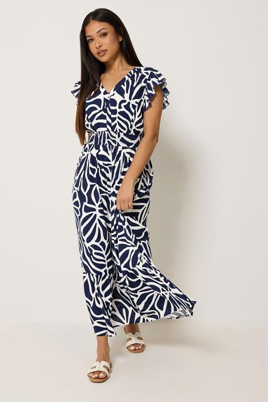 M&Co Petite Navy Blue Abstract Print V-Neck Dress | M&Co 1