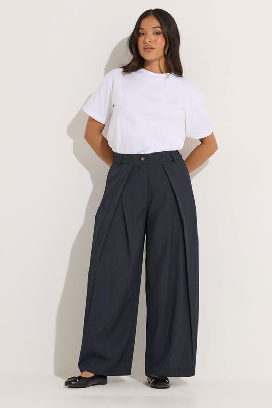 PixieGirl Petite Navy Blue Wrap Pleated Wide Leg Trousers