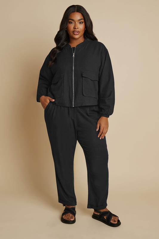 YOURS Plus Size Black Linen Bomber Jacket | Yours Clothing 1