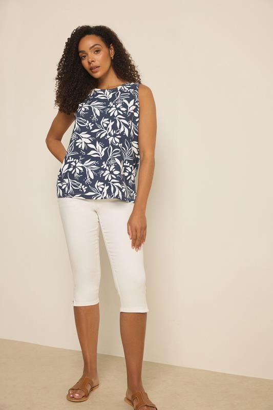  M&Co Navy Blue Abstract Floral Linen Vest Top