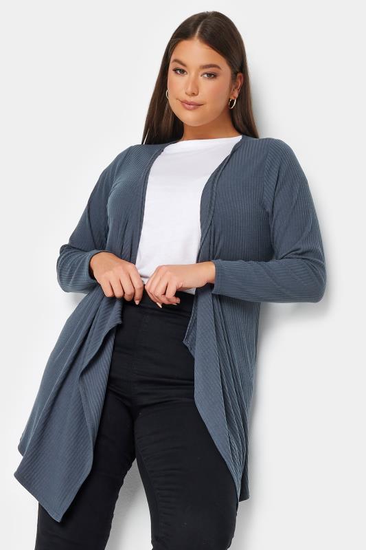 YOURS Plus Size Grey Ribbed Waterfall Cardigan | Yours Clothing 1