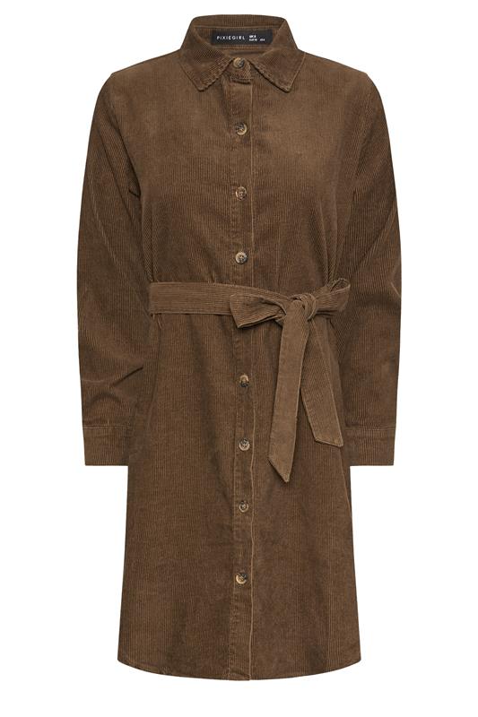 PixieGirl Petite Women's Chocolate Brown Cord Belted Cotton Midi Dress | PixieGirl 5