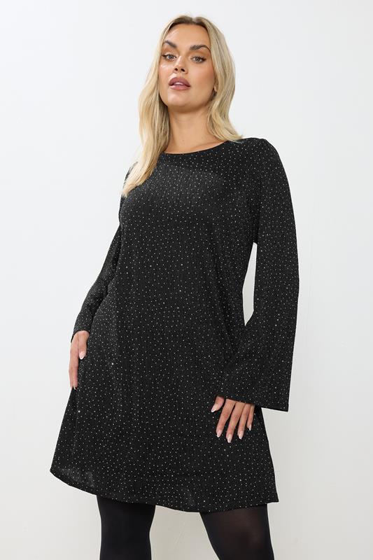 YOURS Curve Plus Size Black Flute Sleeve Swing Dress | Yours Clothing 1
