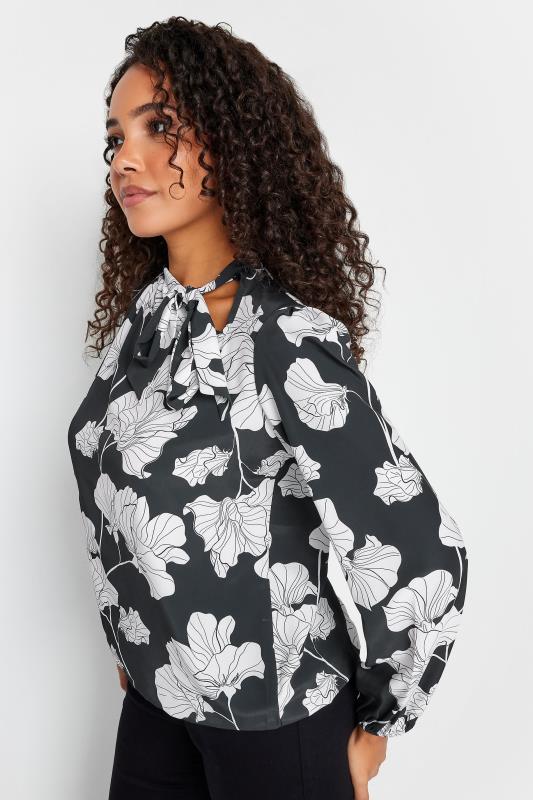 M&Co Black Floral Print Tie Neck Bubble Hem Blouse | M&Co 4