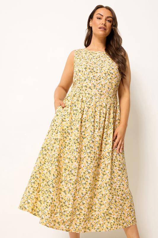YOURS Plus Size Lemon Yellow Disty Floral Linen Maxi Dress | Yours Clothing 1