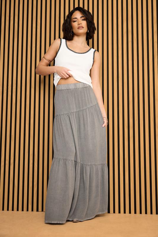 PixieGirl Petite Women's Charcoal Grey Asymmetric Tiered Maxi Skirt | PixieGirl 1