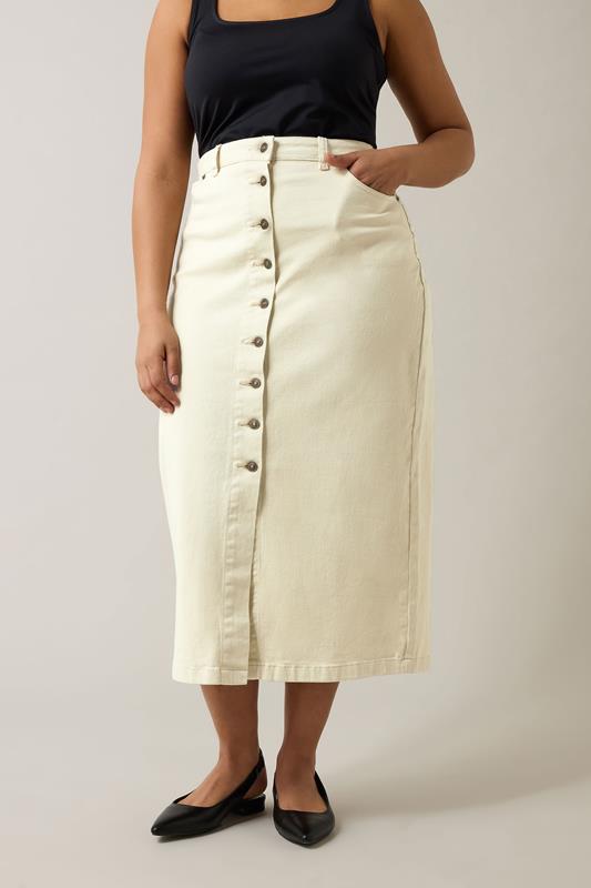 EVANS Plus Size Cream Button Through Denim Maxi Skirt | Evans 1