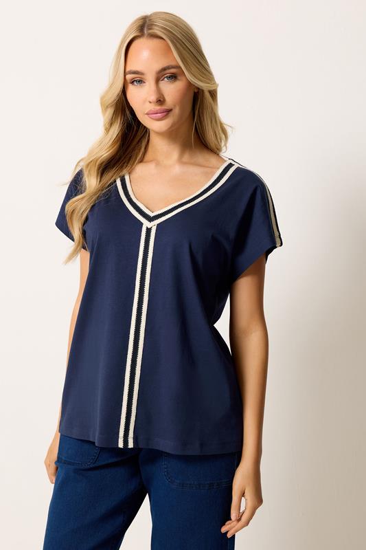  M&Co Navy Blue Contrast Trim Cotton Short Sleeve T-Shirt