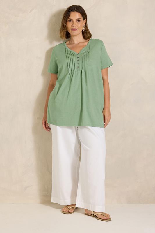 EVANS Plus Size Sage Green Short Sleeve Cotton Henley Top | Evans 2