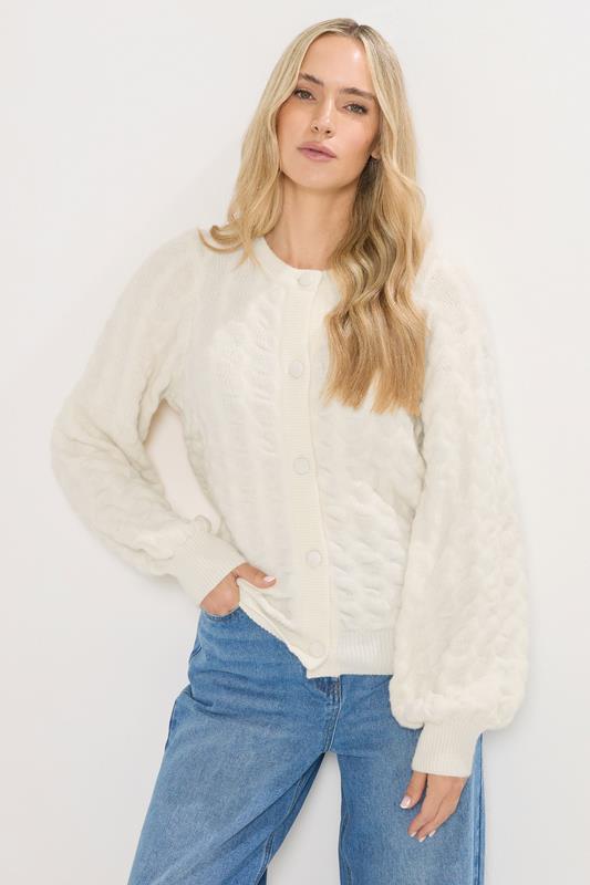 LTS Tall Ivory White Knitted Textured Button Cardigan | Long Tall Sally 1