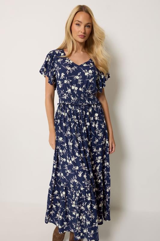 M&Co Navy Blue Floral Print Shirred Waist Maxi Dress | M&Co 1