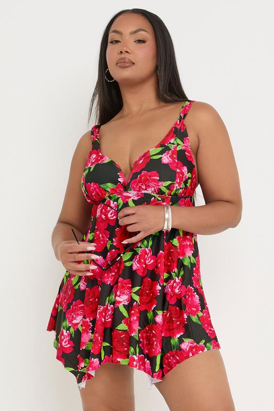 YOURS Plus Size Red Floral Print Hanky Hem Swim Dress | Yours Clothing 1