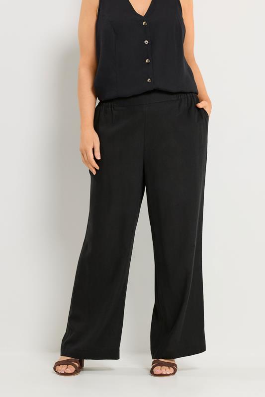 YOURS Curve Black Linen Wide Leg Trousers