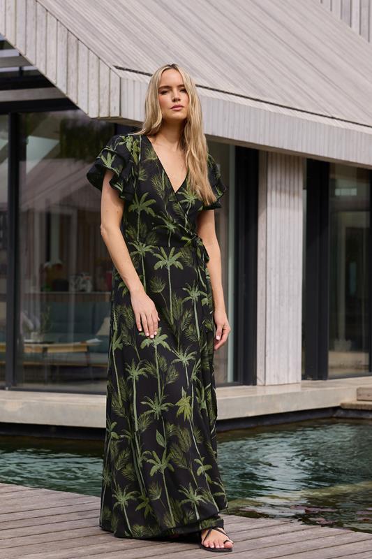 LTS Tall Black Tropical Palm Frill Sleeve Maxi Dress