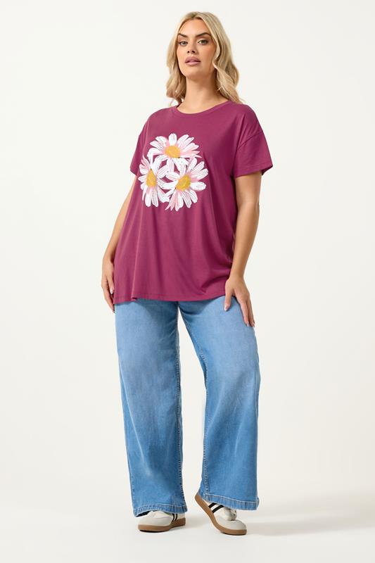 YOURS Plus Size Pink Studded Daisy T-Shirt | Yours Clothing 1