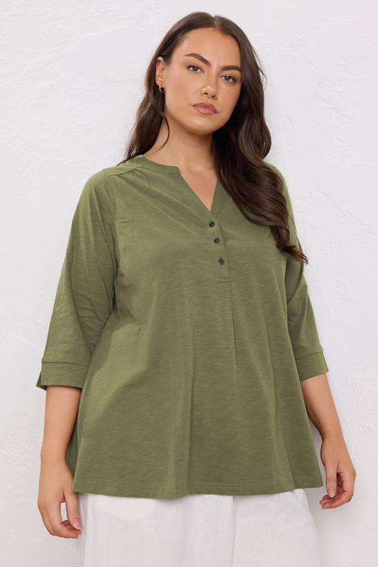  EVANS Curve Khaki Green Pleat Front Henley Top