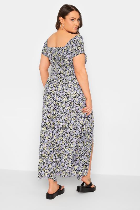 Plus Size Black & Purple Floral Shirred Bardot Maxi Dress | Yours Clothing 3