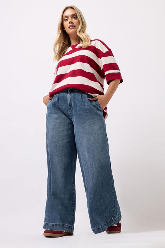 YOURS Curve Mid Blue Pleated Wide Leg Jeans