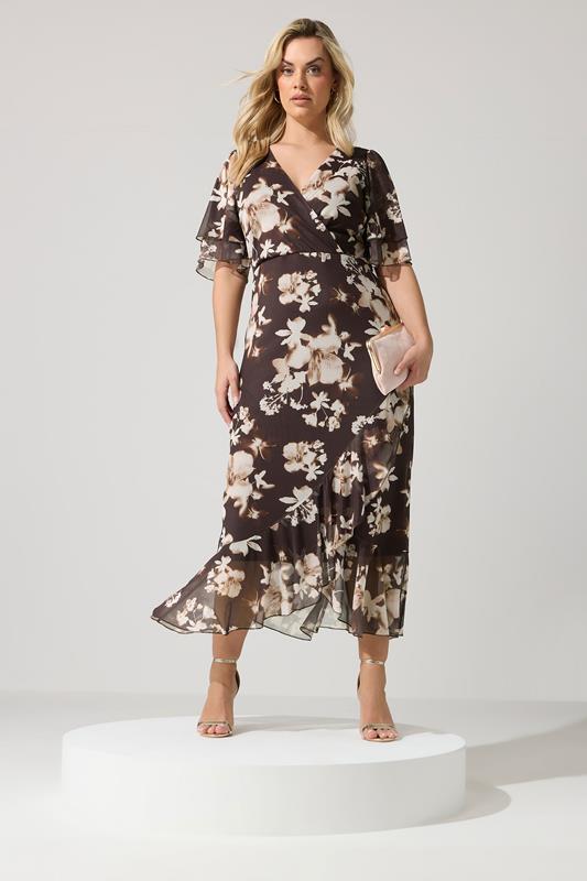 YOURS LONDON Curve Chocolate Brown Blurred Floral Wrap Dress