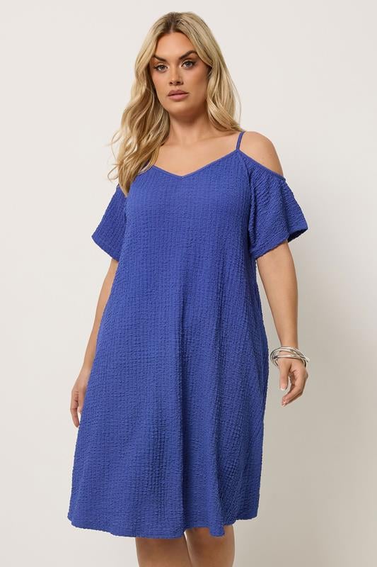 YOURS Curve Blue Texture Cold Shoulder Dress