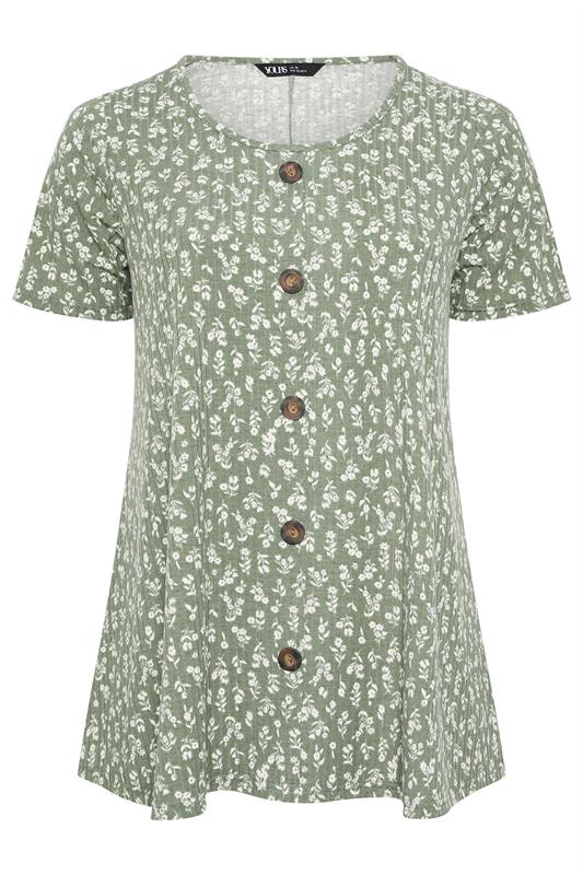 YOURS Plus Size Sage Green Floral Ribbed Swing Top | Yours Clothing 5