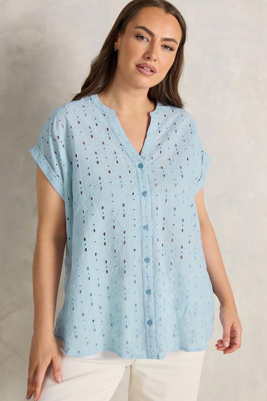 EVANS Plus Size Blue Broderie Short Sleeve Shirt | Evans 1