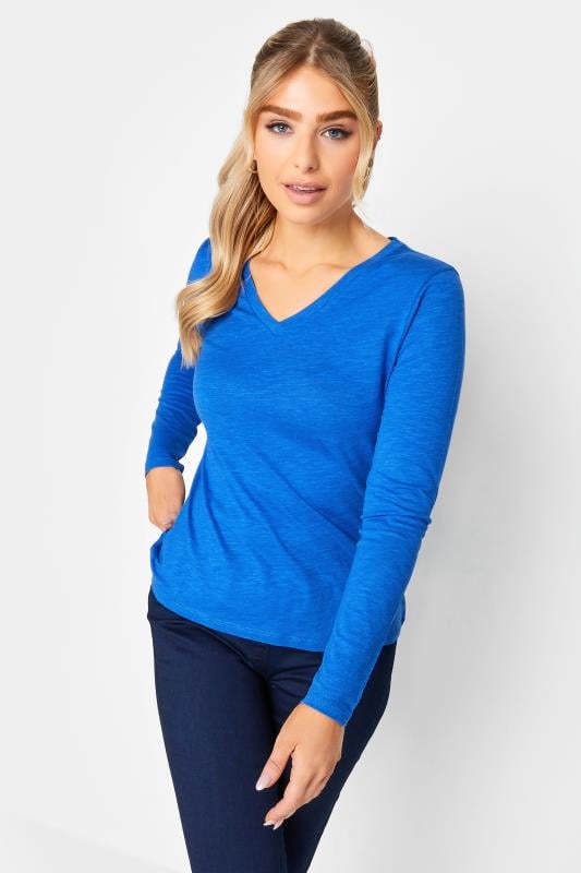 M&Co Blue V-Neck Long Sleeve Cotton T-Shirt | M&Co 1