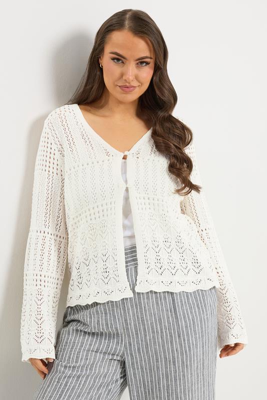 YOURS Plus Size Ivory White Pointelle Knitted Cardigan | Yours Clothing 1
