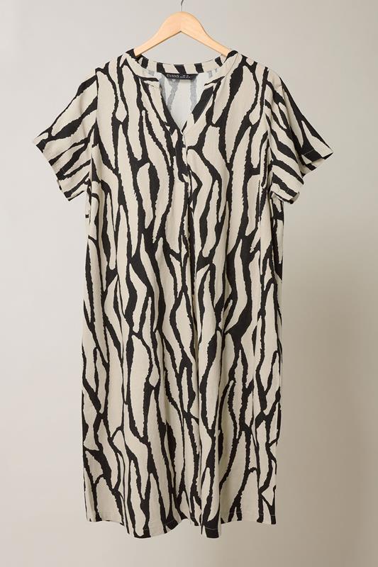 EVANS Plus Size Natural Brown Abstract Print Premium Linen Dress | Evans 6