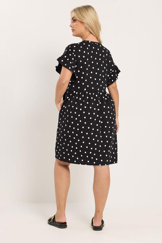 YOURS Plus Size Black Polka Dot Frill Sleeve Tunic Dress | Yours Clothing 2
