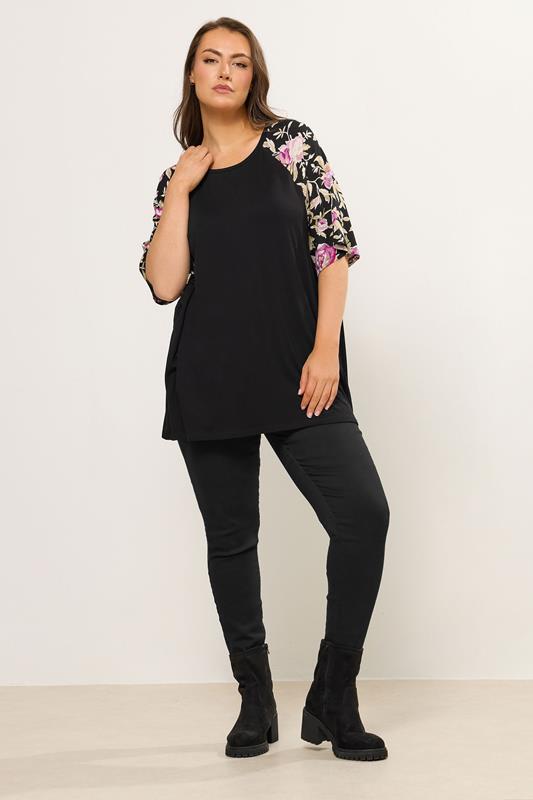 YOURS Plus Size Black Floral Raglan Sleeve T-Shirt | Yours Clothing 1
