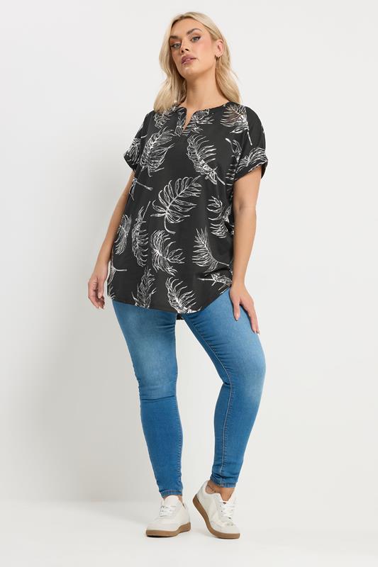 YOURS Plus Size Leaf Print Notch Neck Top | Yours Clothing 1