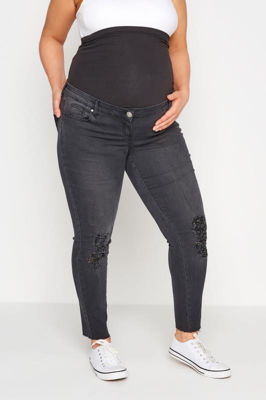 BUMP IT UP MATERNITY Plus Size Black Washed Ripped AVA Jeans With Comfort Panel | Yours Clothing 1