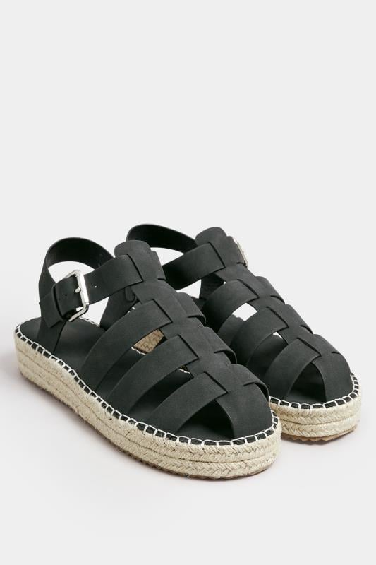  Yours Black Flatform Gladiator Espadrilles In Extra Wide EEE Fit