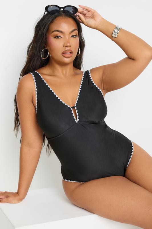 YOURS Plus Size Black Contrast Blanket Stitch Plunge Swimsuit | Yours Clothing 1