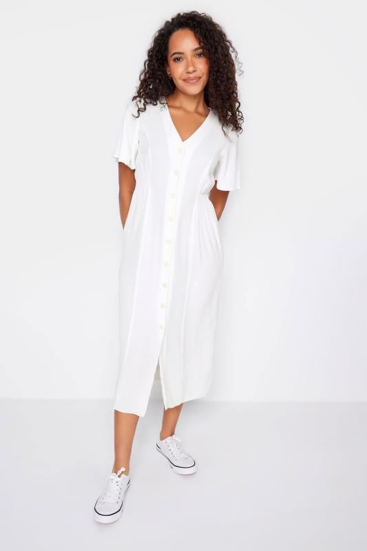 Women's  M&Co White Shirred Waist Button Dress