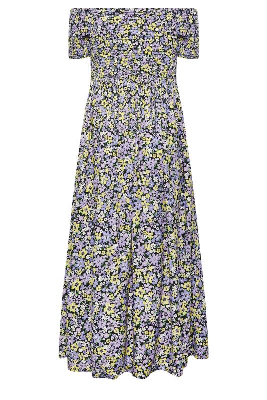 Plus Size Black & Purple Floral Shirred Bardot Maxi Dress | Yours Clothing 7