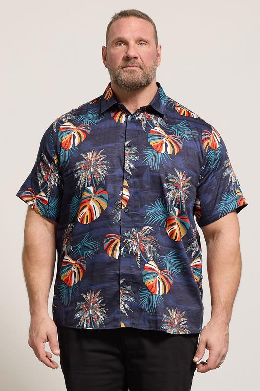 KAM Big & Tall Navy Blue Palm Print Shirt