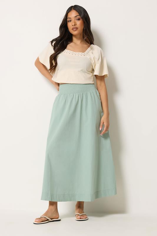 PixieGirl Petite Sage Green Poplin Shirred Cotton Maxi Skirt