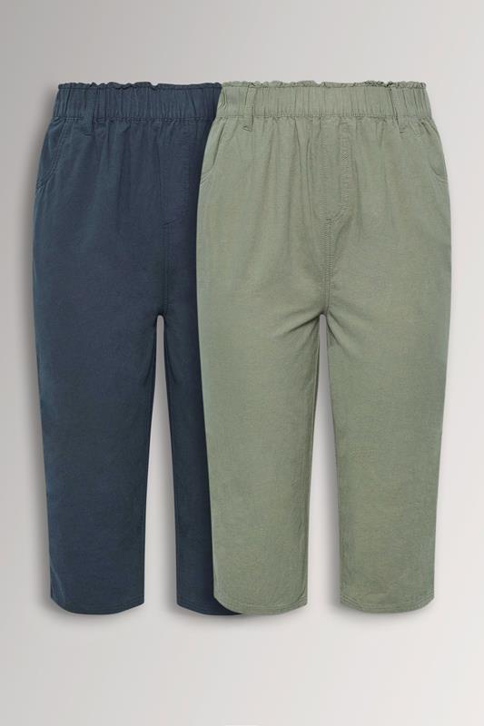 YOURSET 2 PACK Curve Khaki Green & Navy Blue Cool Cotton Cropped Trousers