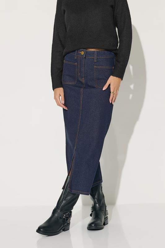 PixieGirl Petite Women's Dark Blue Pocket Patch Denim Skirt | PixieGirl 1
