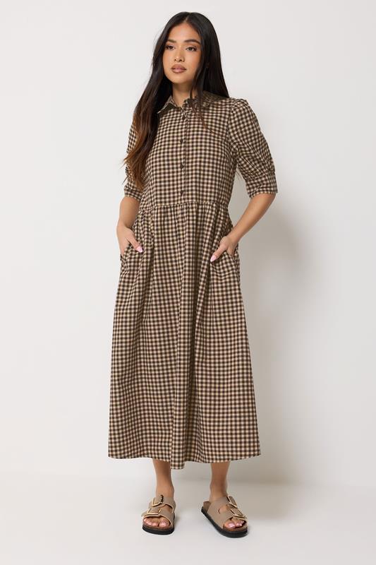 PixieGirl Petite Women's Brown Gingham Print Cotton Shirt Midi Dress | PixieGirl 1