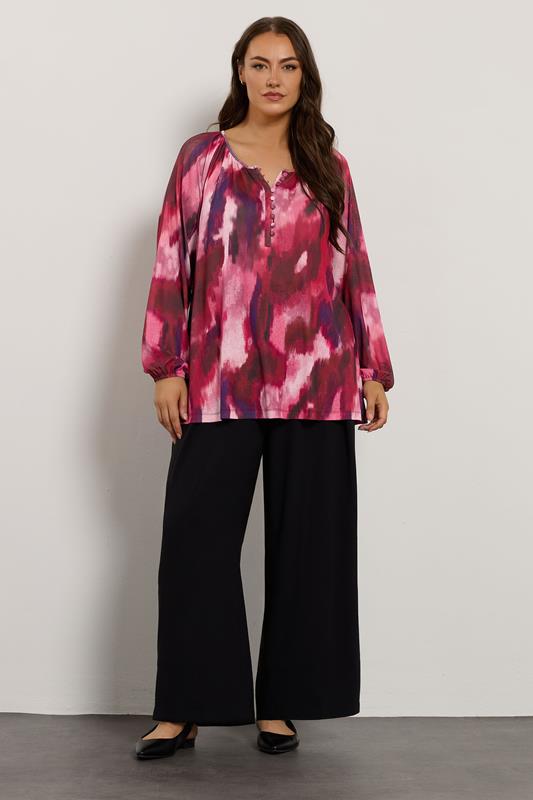 EVANS Plus Size Pink Abstract Print Balloon Sleeve Blouse | Evans 1