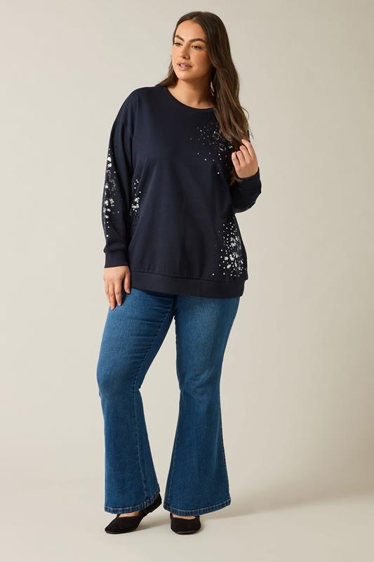 EVANS Plus Size Navy Blue Leopard Sequin Embellished Sweatshirt | Evans 2